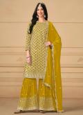 Embroidered Faux Georgette Mustard Salwar Suit - 1