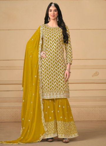 Embroidered Faux Georgette Mustard Salwar Suit