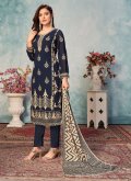 Embroidered Faux Georgette Navy Blue Pant Style Suit - 1