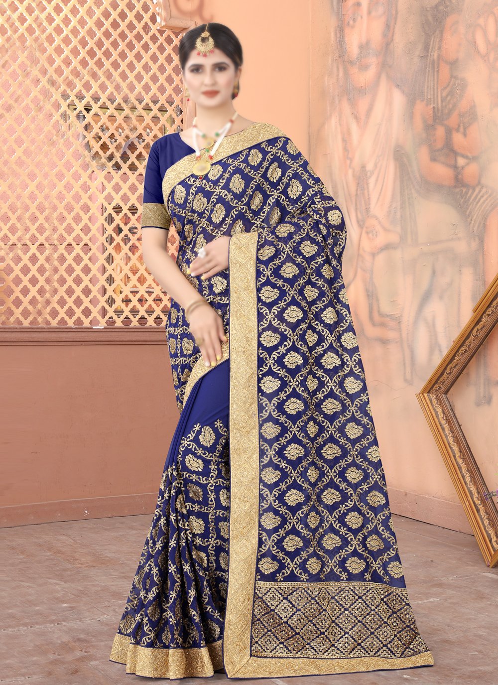 Embroidered Faux Georgette Navy Blue Traditional Saree