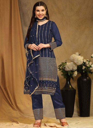 Embroidered Faux Georgette Navy Blue Trendy Salwar