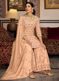Embroidered Faux Georgette Peach Salwar Suit - 1