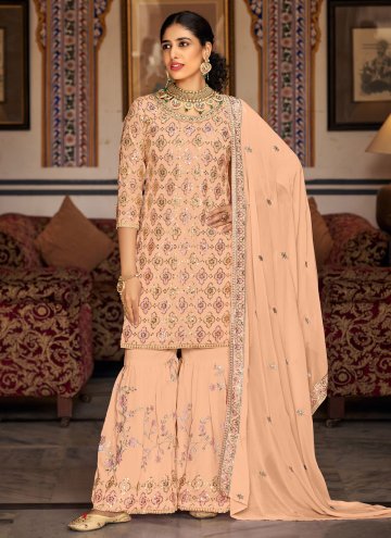 Embroidered Faux Georgette Peach Salwar Suit