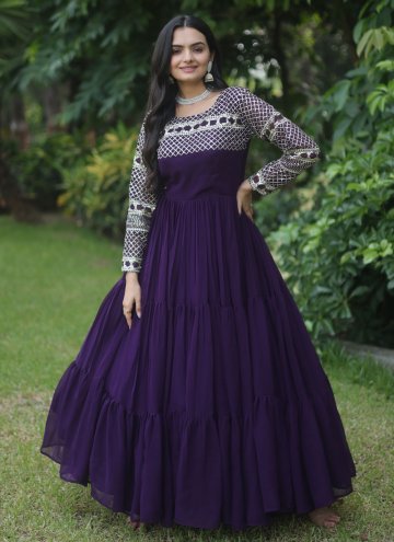 Embroidered Faux Georgette Purple Designer Gown