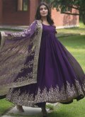 Embroidered Faux Georgette Purple Designer Gown - 2