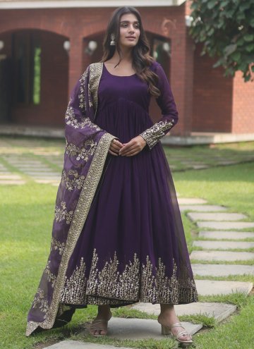 Embroidered Faux Georgette Purple Designer Gown