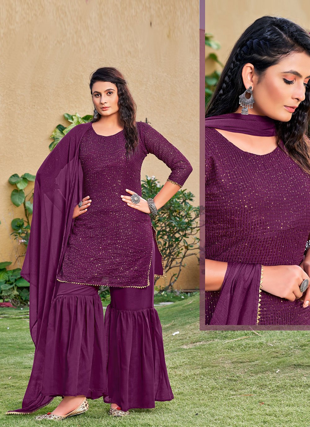 Embroidered Faux Georgette Purple Designer Palazzo Suit