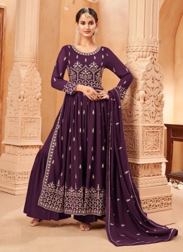 Embroidered Faux Georgette Purple Palazzo Suit