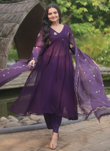 Embroidered Faux Georgette Purple Salwar Suit