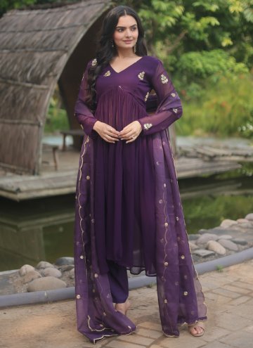 Embroidered Faux Georgette Purple Salwar Suit