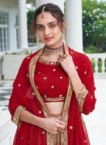 Embroidered Faux Georgette Red Layered Lehenga Choli
