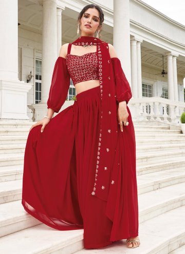 Embroidered Faux Georgette Red Readymade Lehenga C