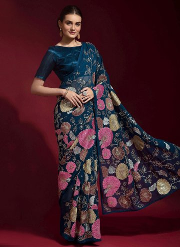 Embroidered Faux Georgette Teal Designer Saree