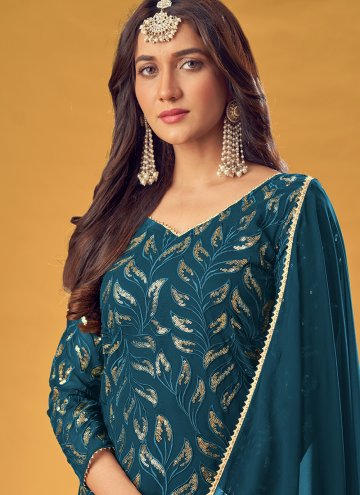 Embroidered Faux Georgette Teal Salwar Suit