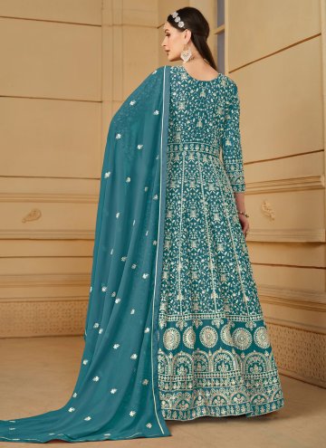 Embroidered Faux Georgette Turquoise Salwar Suit