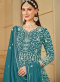 Embroidered Faux Georgette Turquoise Salwar Suit - 2