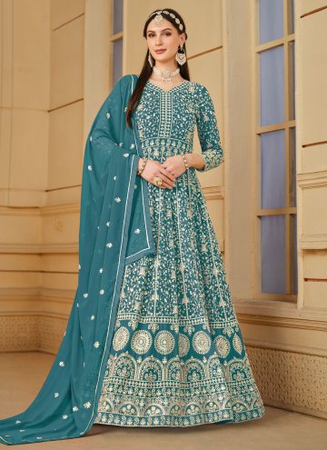 Embroidered Faux Georgette Turquoise Salwar Suit