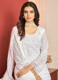 Embroidered Faux Georgette White Salwar Suit - 1