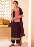 Embroidered Faux Georgette Wine Jacket Style Suit - 2