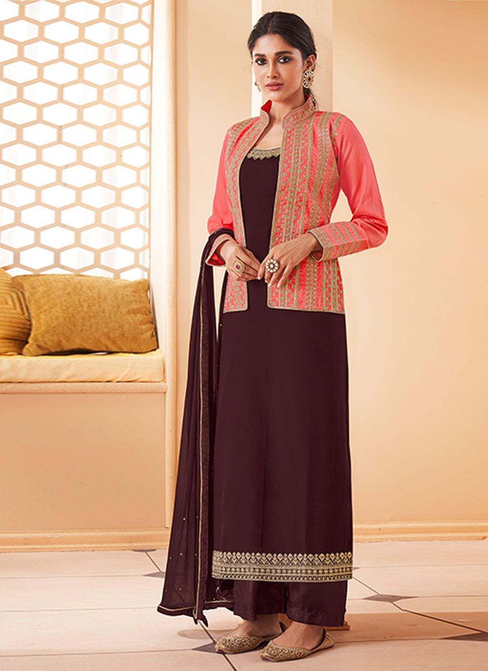 Embroidered Faux Georgette Wine Jacket Style Suit
