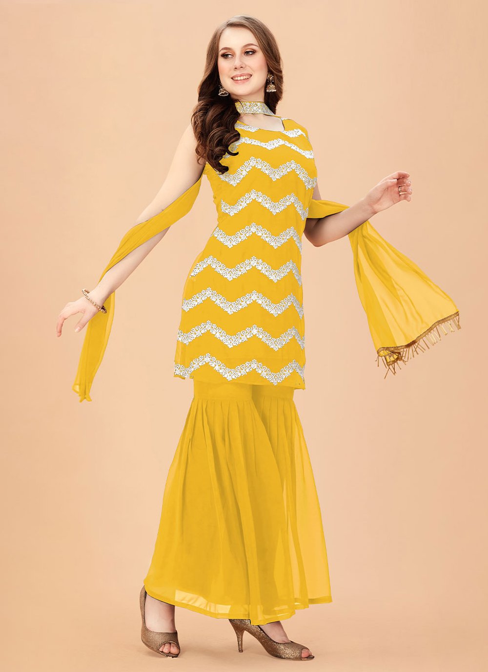 Embroidered Faux Georgette Yellow Palazzo Suit