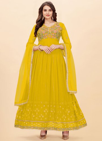 Embroidered Faux Georgette Yellow Salwar Suit