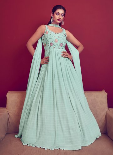 Embroidered Georgette Aqua Blue Floor Length Trendy Gown
