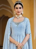 Embroidered Georgette Aqua Blue Palazzo Suit - 1