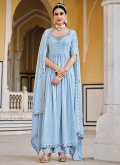 Embroidered Georgette Aqua Blue Palazzo Suit - 2