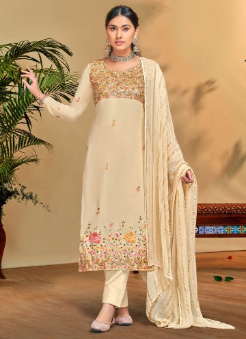 Embroidered Georgette Beige Pant Style Suit