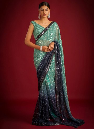 Embroidered Georgette Blue and Green Trendy Saree