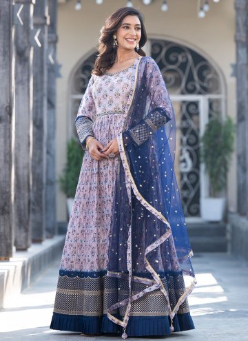 Embroidered Georgette Blue and Lavender Readymade Designer Gown