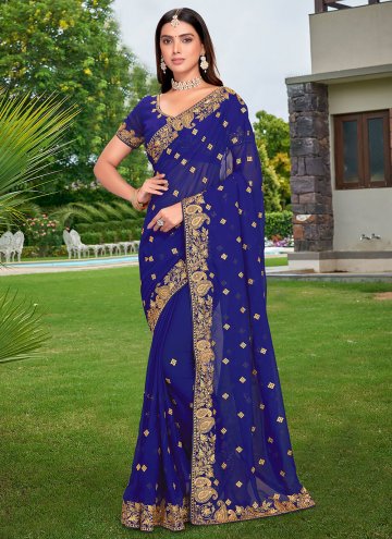 Embroidered Georgette Blue Contemporary Saree