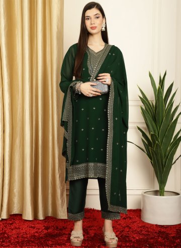 Embroidered Georgette Green Pant Style Suit