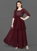 Embroidered Georgette Maroon Gown - 3