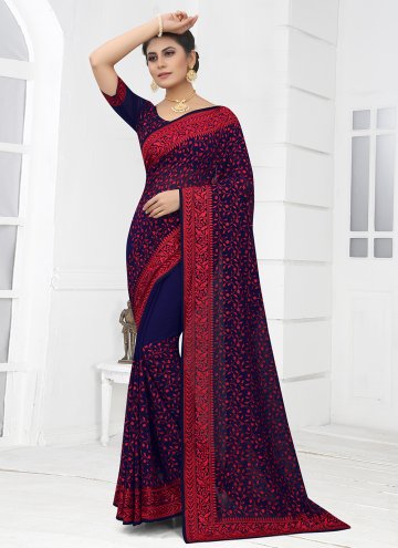 Embroidered Georgette Navy Blue Contemporary Saree