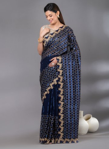 Embroidered Georgette Navy Blue Trendy Saree