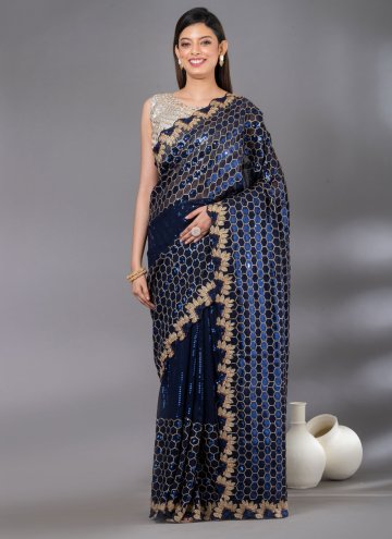 Embroidered Georgette Navy Blue Trendy Saree