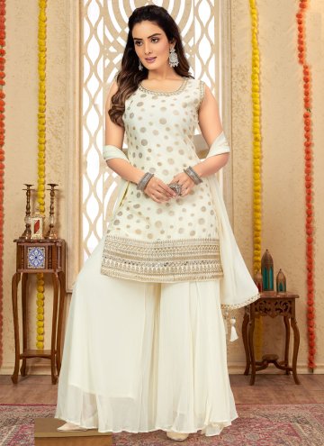 Embroidered Georgette Off White Palazzo Suit