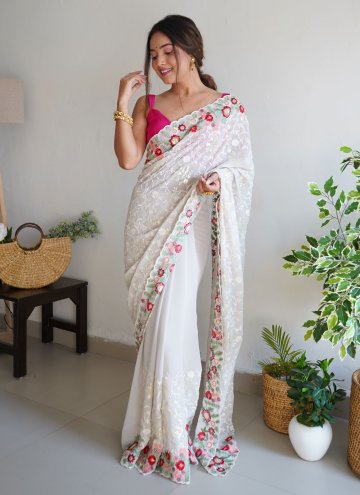Embroidered Georgette Off White Trendy Saree