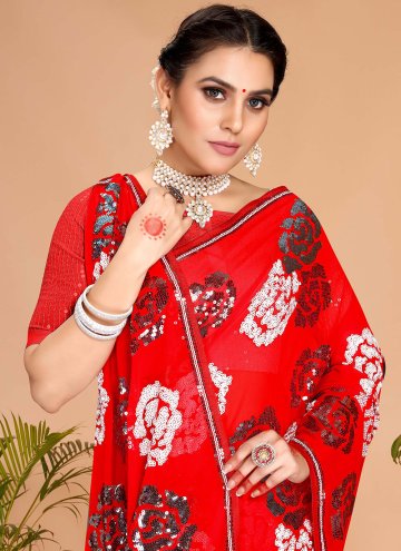 Embroidered Georgette Red Contemporary Saree