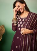 Embroidered Georgette Wine Palazzo Suit - 1