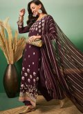 Embroidered Georgette Wine Palazzo Suit - 3