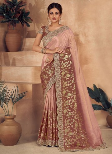 Embroidered Jacquard Brown Trendy Saree