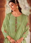 Embroidered Jacquard Green Pant Style Suit - 2