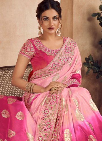Embroidered Jacquard Pink Contemporary Saree