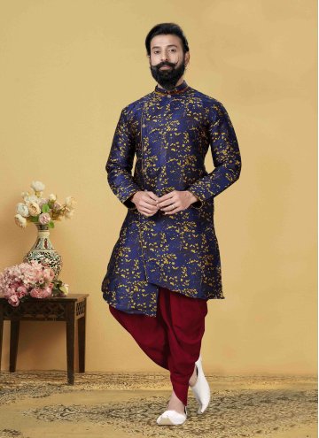 Embroidered Jacquard Silk Blue Indo Western