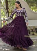 Embroidered Jacquard Wine Gown - 1