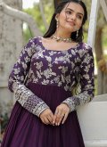 Embroidered Jacquard Wine Gown - 4