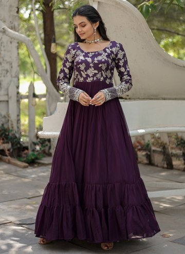 Embroidered Jacquard Wine Gown